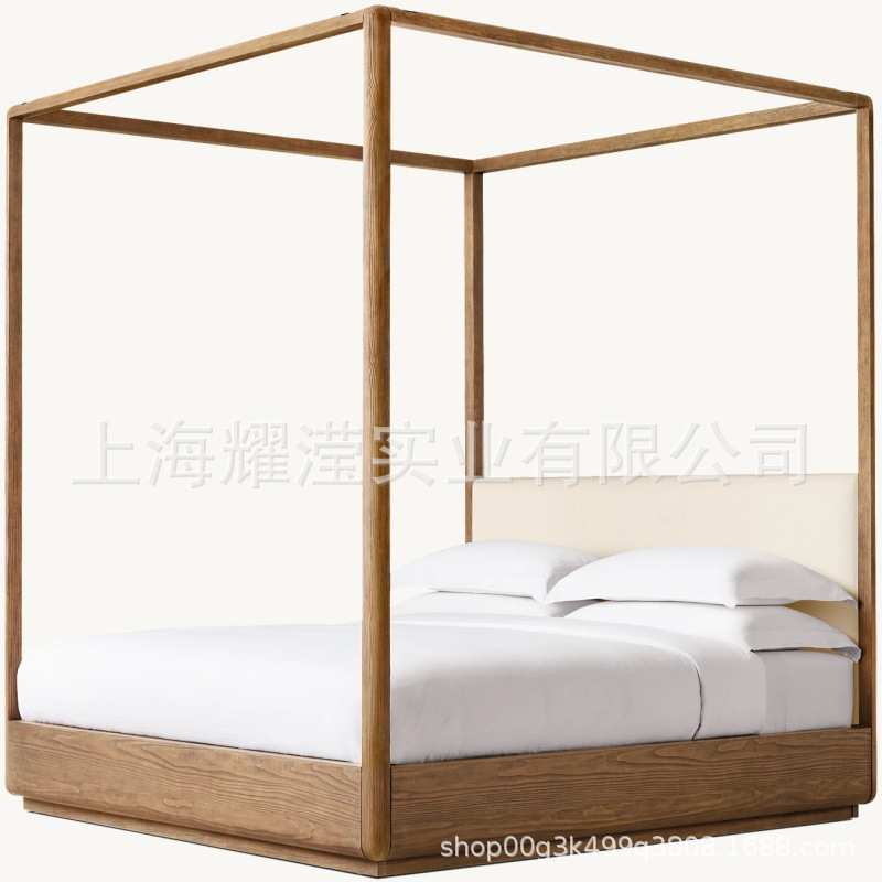 RH美式实木橡木大床法式复古轻奢四柱床北欧架子床立柱蚊帐纱幔床