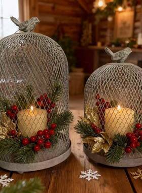 美式复古鸟宿笼烛台镂空旧做铁艺摆件民客厅25W348装饰品蜡烛托摄