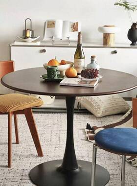 北小欧ZHE复古金香桃圆形郁实木圆桌餐桌家用户型咖胡啡阳台