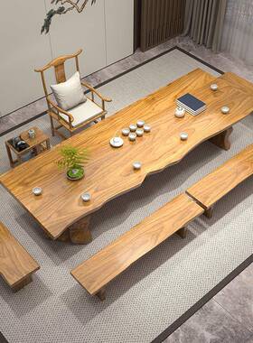 茶中式实木茶桌椅组用合简QOQ约大办公家茶桌茶台原木板功夫泡桌