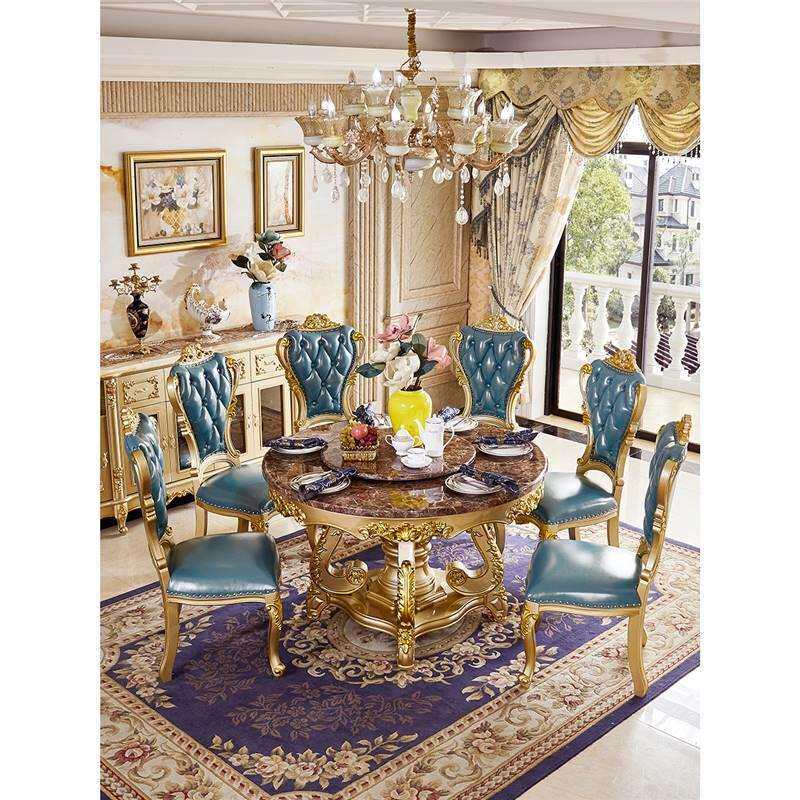 欧式餐桌1.5M全实木旋转圆桌别墅奢华香槟金美式大理石餐桌椅组合