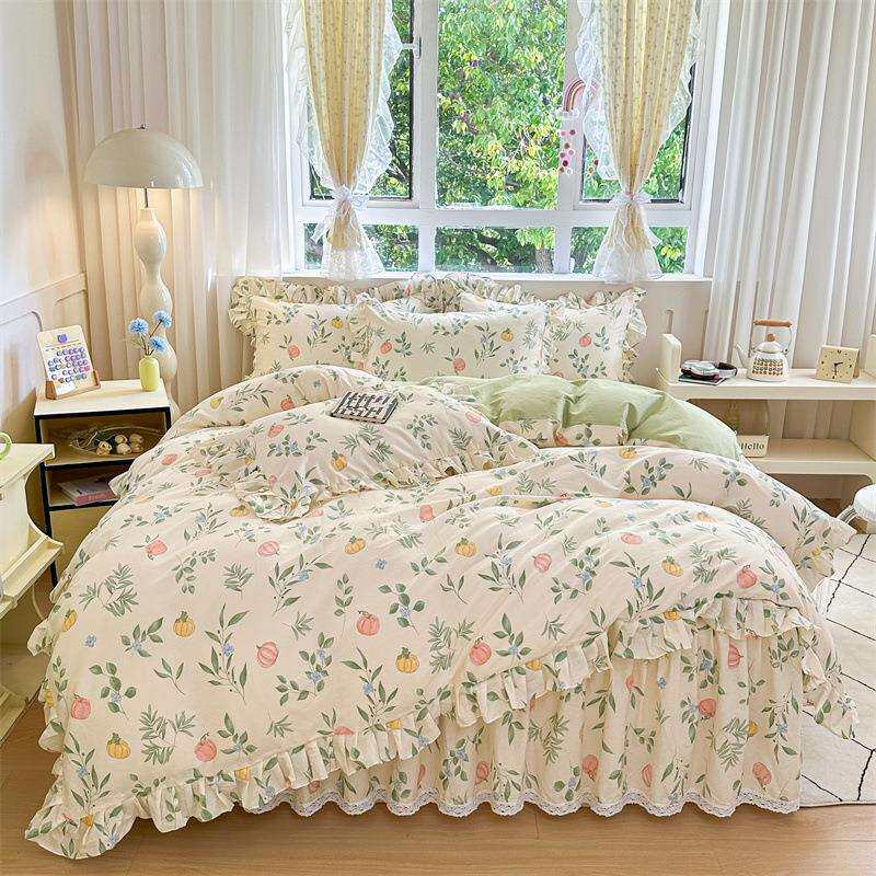韩版网红纯棉床盖四件套少女清新全棉被套碎花田园床裙款床上用品