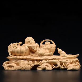 黄杨木雕好年头招财童子大丰收家居家用摆件中国风送礼新中式装饰