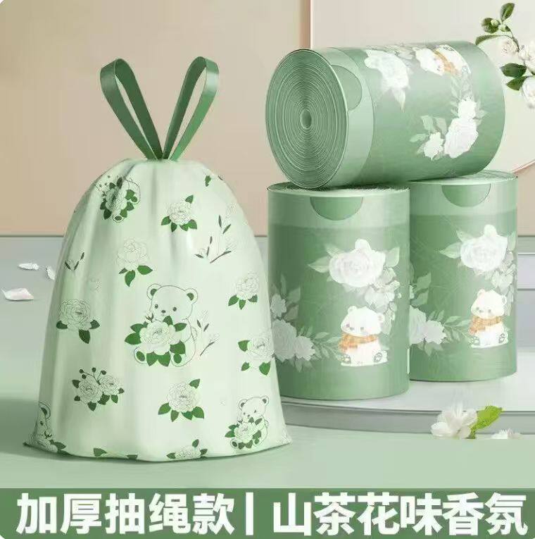 免撕抽绳垃圾袋家用加厚印花山茶花香氛塑料袋通用家务花卉图案