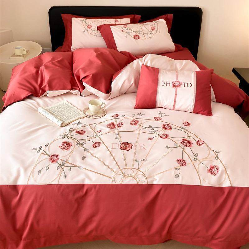 少女心红色花卉100S长绒棉纯棉四件套中国风婚庆刺绣拼接床上用品,电子元器件市场,其它元器件,淘宝优惠券,粉丝福利购,淘宝优惠卷