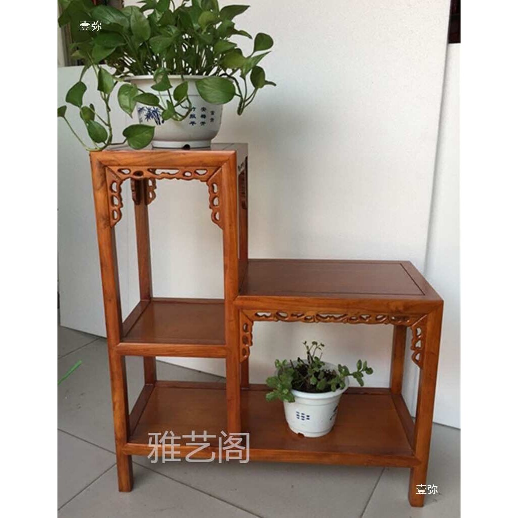 老榆木实木花架盆景架高低柜二连体带板鱼缸架博古架多层仿石