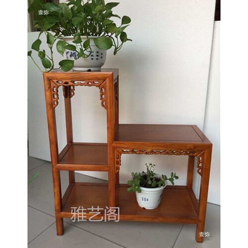老榆木实木花架盆景架高低柜二连体带板鱼缸架博古架多层仿石