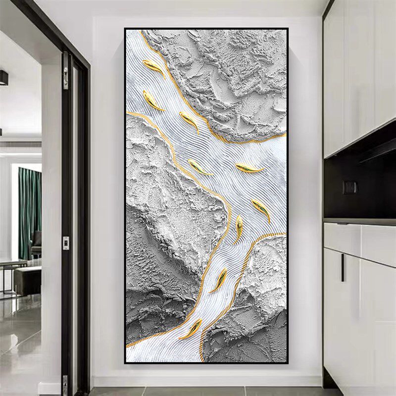 金色九鱼图立体手绘油画轻奢客厅玄关餐厅挂画高端奢华沙发背景画