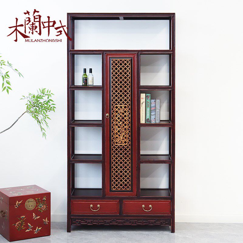 中式古典博古架仿古做旧彩绘描金雕花镂空书架展示架多宝格隔断柜