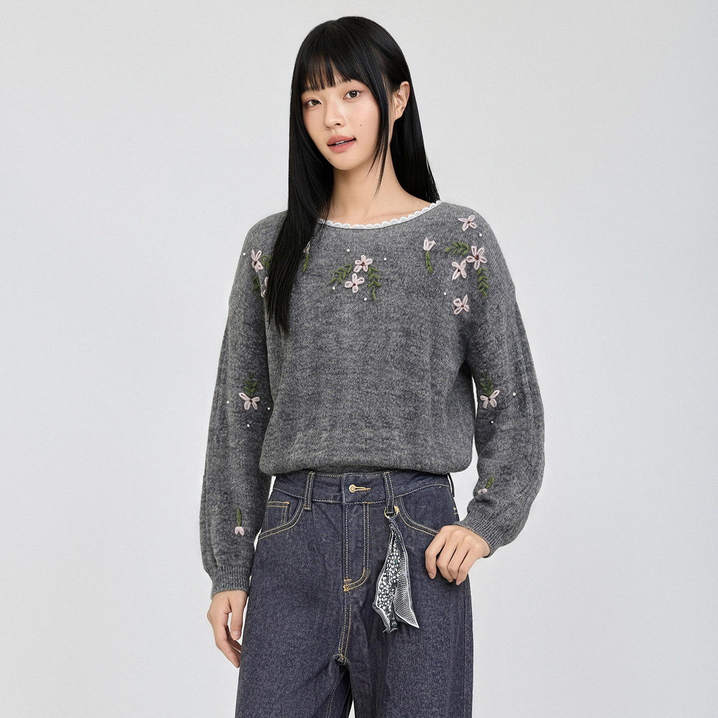 立体甜美花朵刺绣毛衣长袖针织衫