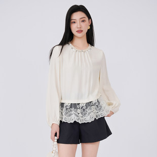 蜜澳衬衫2026春装新款水钻钉珠拼接蕾丝花边长袖套头上衣衬衣女