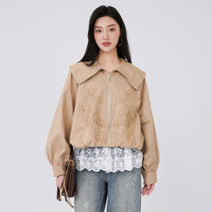 蜜澳2026春春装新品盘绣设计高翻领短外套休闲长袖宽松时尚女装