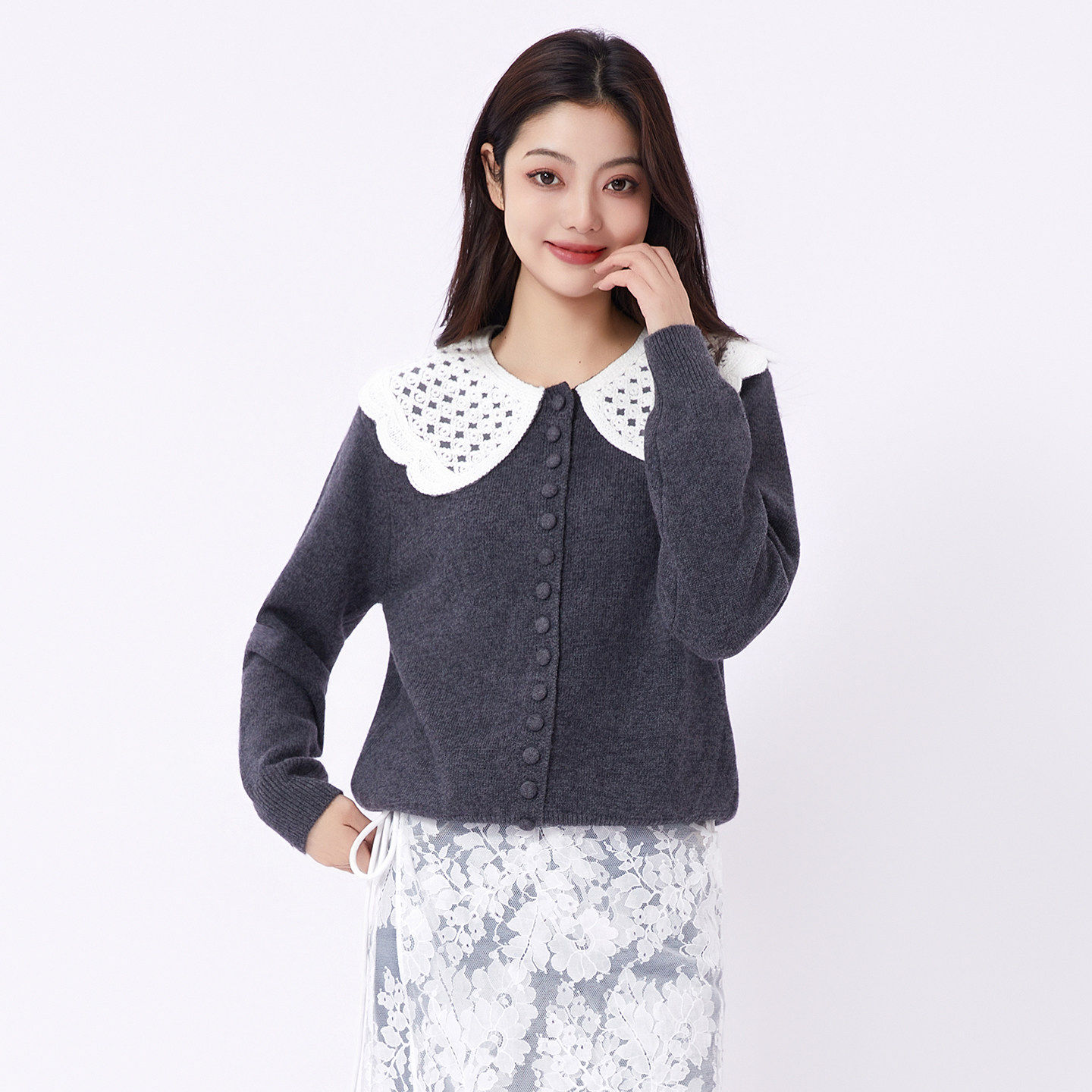针织衫女2026年春季新款蕾丝娃娃领长袖针织衫毛衣开衫外套上衣,女装/女士精品,毛针织衫,淘宝优惠券,粉丝福利购,淘宝优惠卷