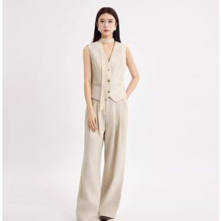 蜜澳2026春装飘带无领西装马甲+拼接直筒裤套装休闲女装