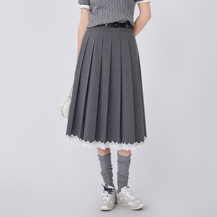 蜜澳半身裙2026春装休闲A字时尚百搭高腰百褶裙蕾丝花边设计女