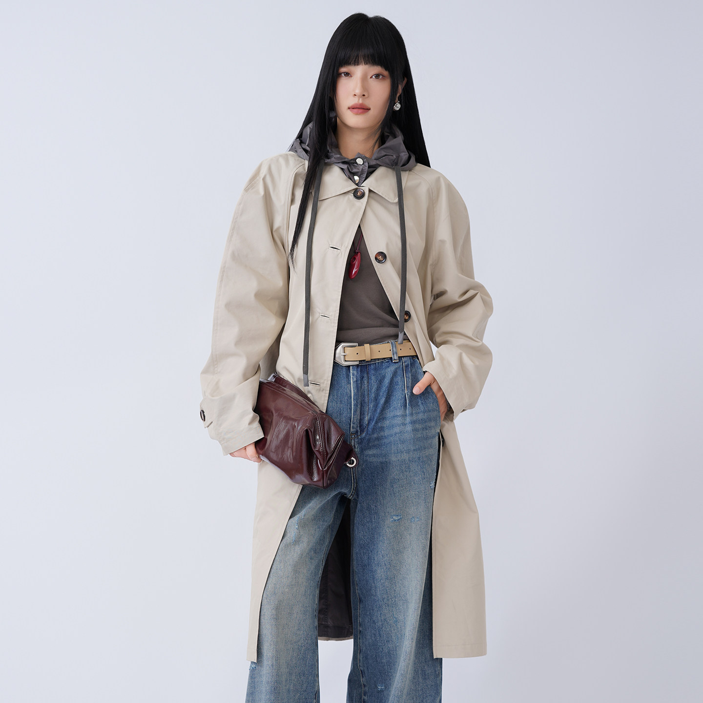 蜜澳风衣2026春季时尚宽松夹克连帽大衣上衣休闲风衣外套女