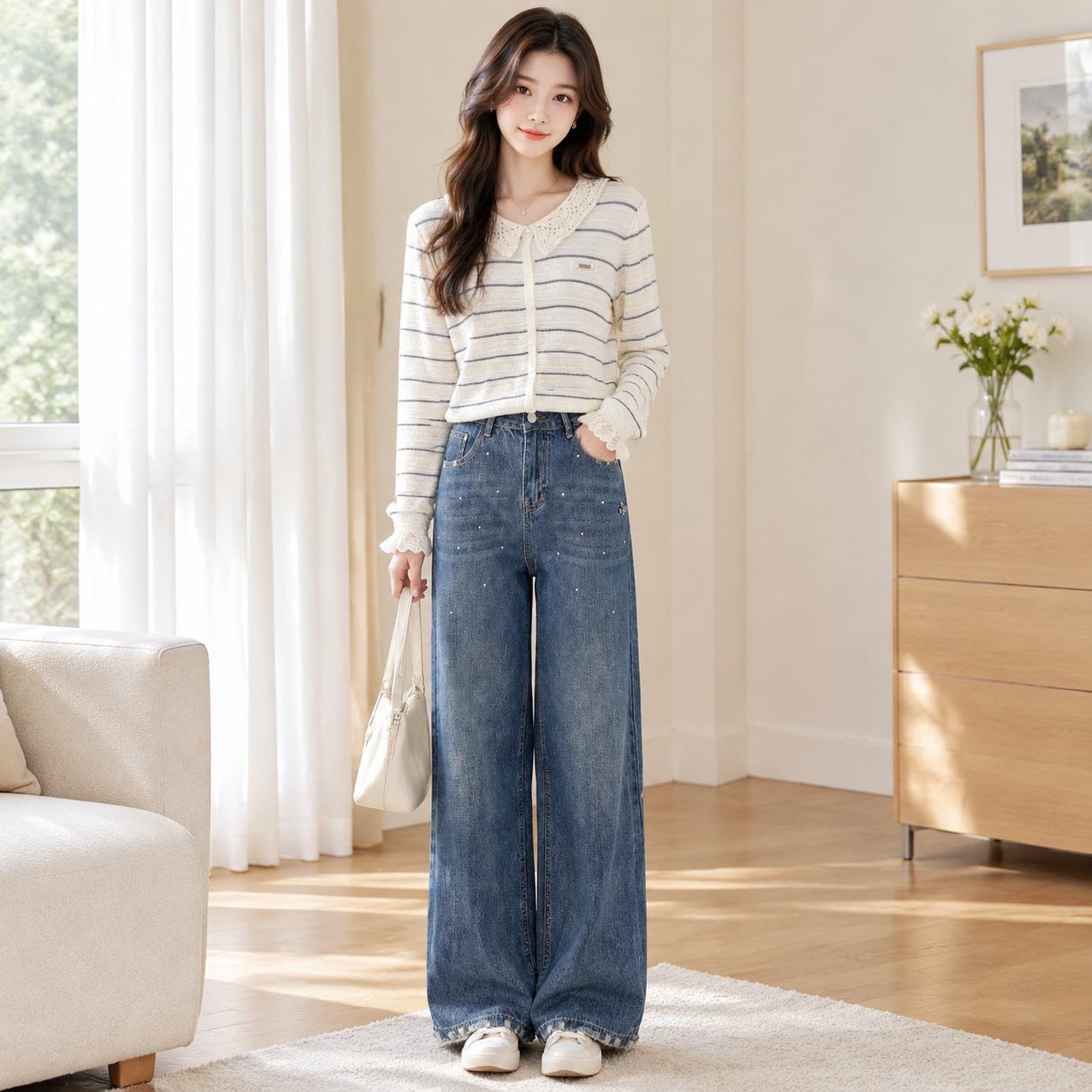 蜜澳2026秋装新款重工烫钻阔腿牛仔裤女款洋气显瘦百搭直筒长裤子