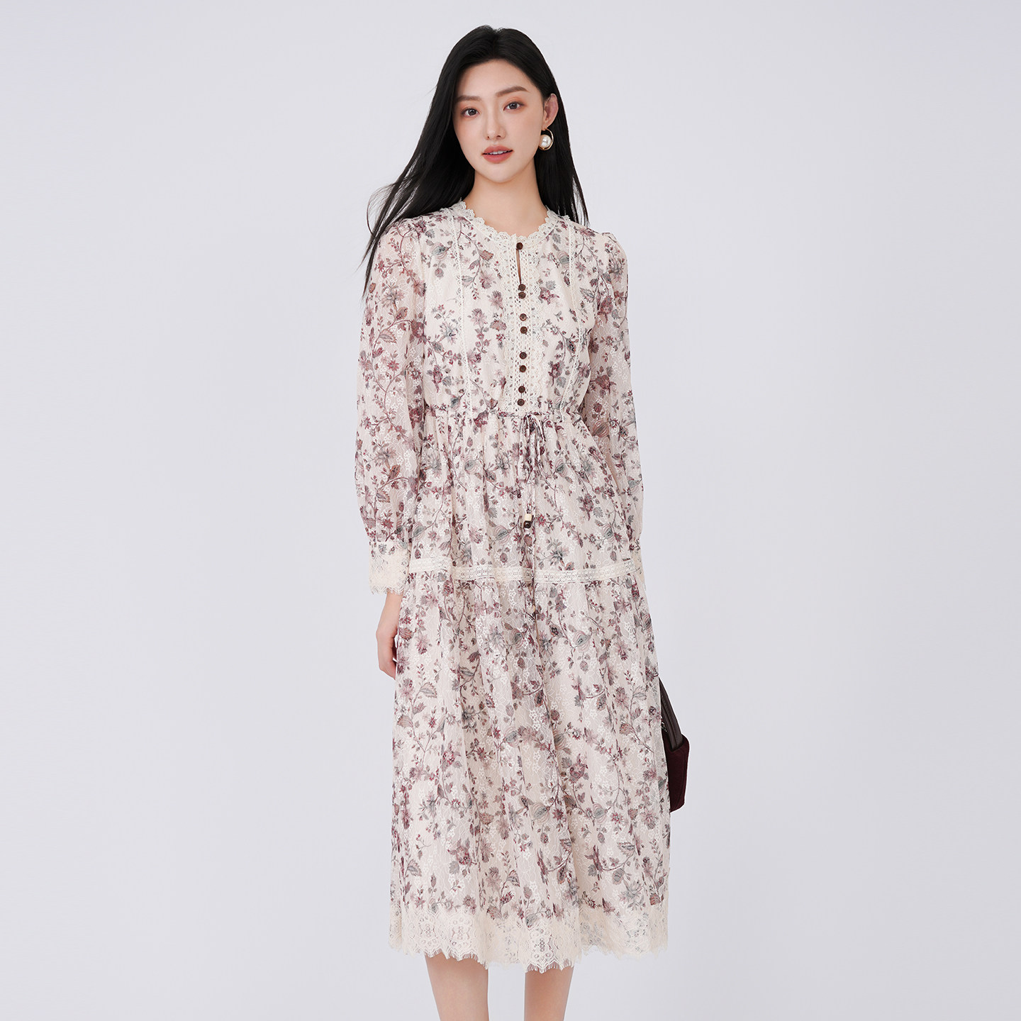 蜜澳2026春装新品长袖连衣裙花边领口收腰休闲中长款仙女裙女装,女装/女士精品,连衣裙,淘宝优惠券,粉丝福利购,淘宝优惠卷