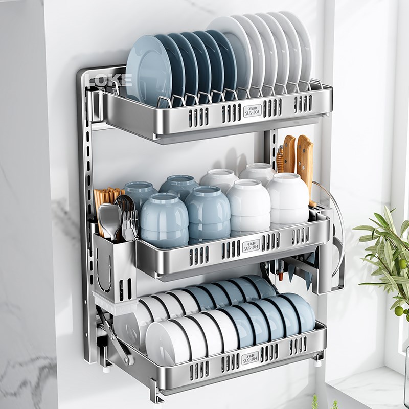 304不锈钢壁挂式碗碟沥水架厨房置物架免打孔碗筷碗盘Z碗架收纳架