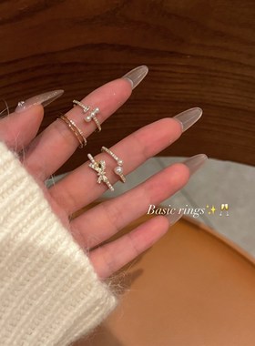 【蜜桃茶】指间温柔~金色锆w石珍珠细圈戒指女款轻奢高级感食指戒