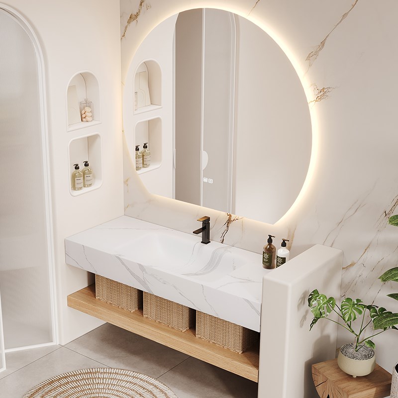 轻奢奶油风双层岩板热弯一体盆浴室柜组合卫生间洗漱X台洗脸洗手