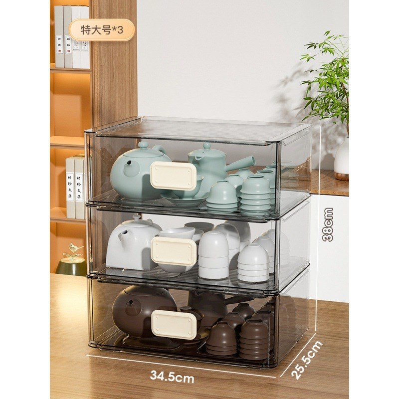 茶具茶杯收纳盒防尘透明放装杯子置物架功夫茶壶酒杯带盖橱柜整理