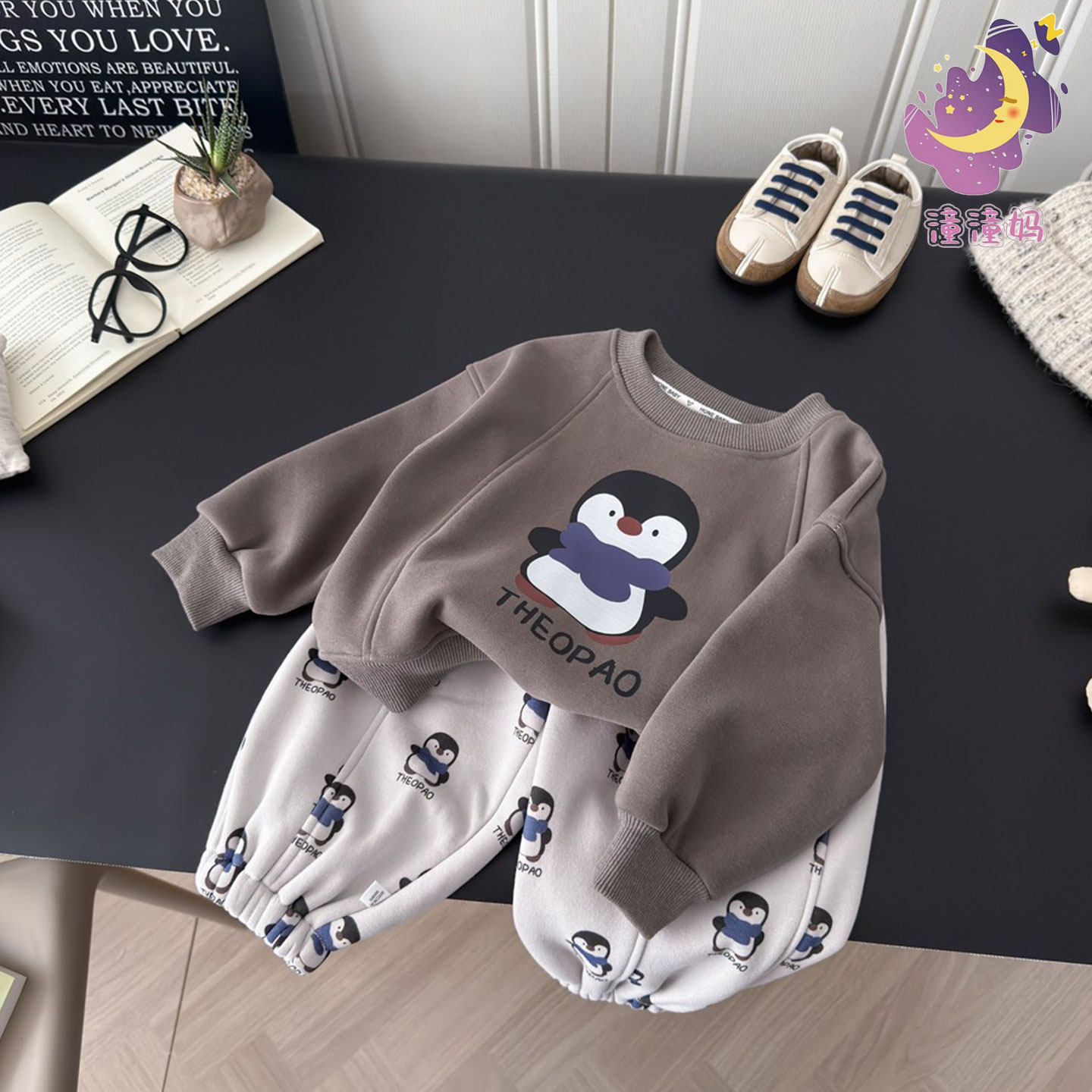 儿童冬季新款加绒加厚休闲卡通卫衣卫裤两件套男女童宝宝衣服套装