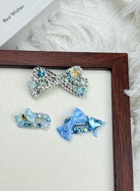 约克夏专用发夹蓝色满钻蝴蝶结马尔济斯发夹宠物bb夹泰迪比熊头饰