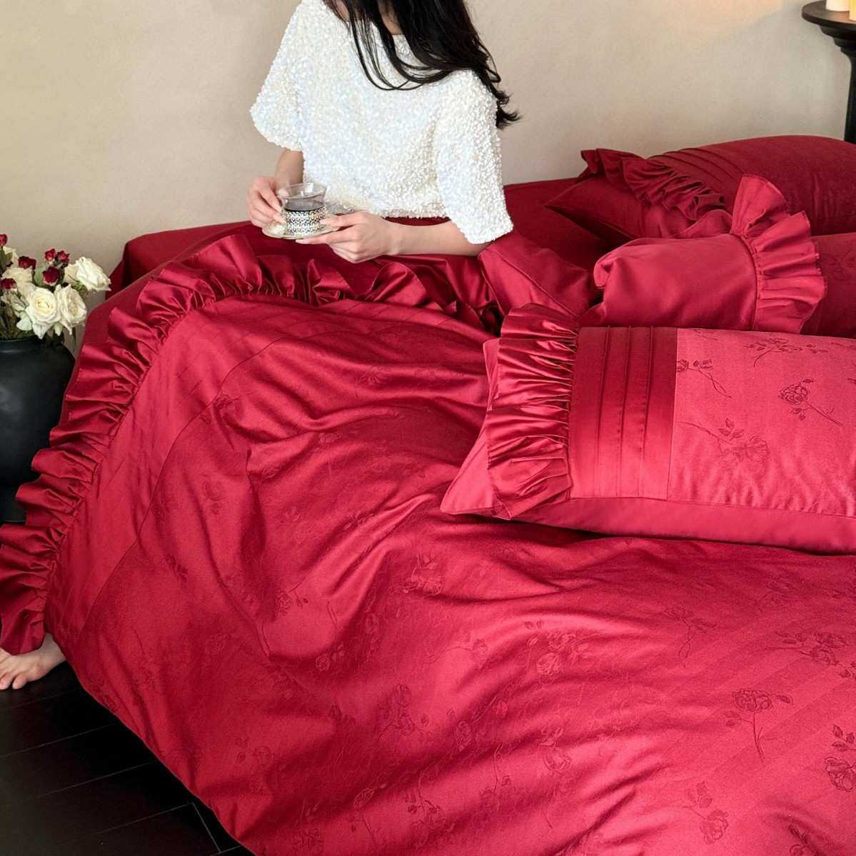 婚庆四件套床单大红色花边结婚纯色公主风床上结婚喜被陪嫁纯棉全