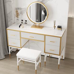 新款卧室简约梳妆台北欧轻奢1米2有纹金边化妆桌子组装收纳柜一体