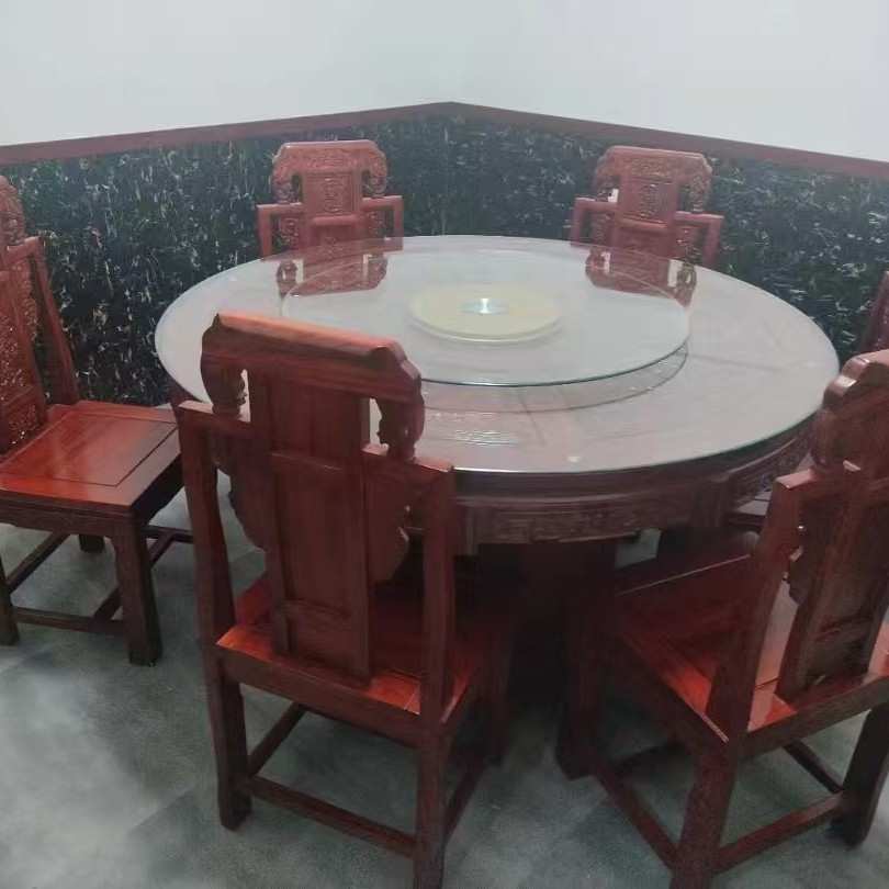 老榆木餐桌椅组合家用实木圆桌椅中式餐厅饭桌转盘防古雕花大圆桌