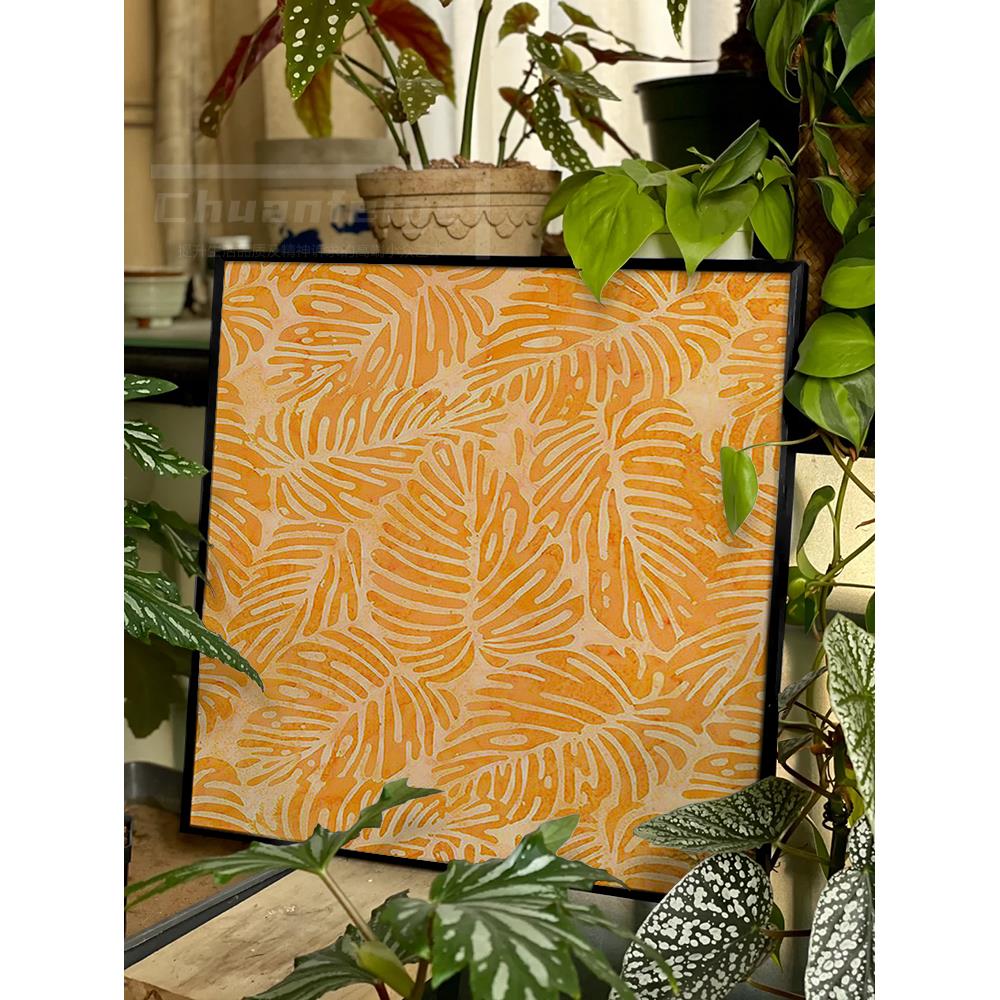 橙色抽象条纹龟背竹装饰画手绘油画客厅样板间艺术玄关床头挂画