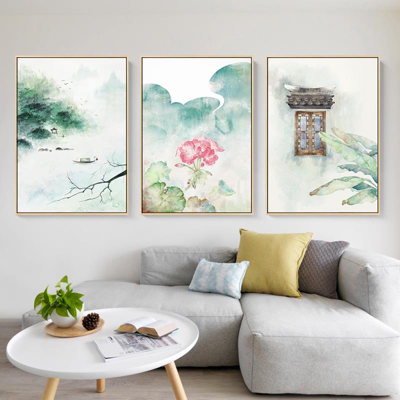 绿色春天日式客厅装饰画北欧小清新沙发背景现代简约水彩墙画荷花