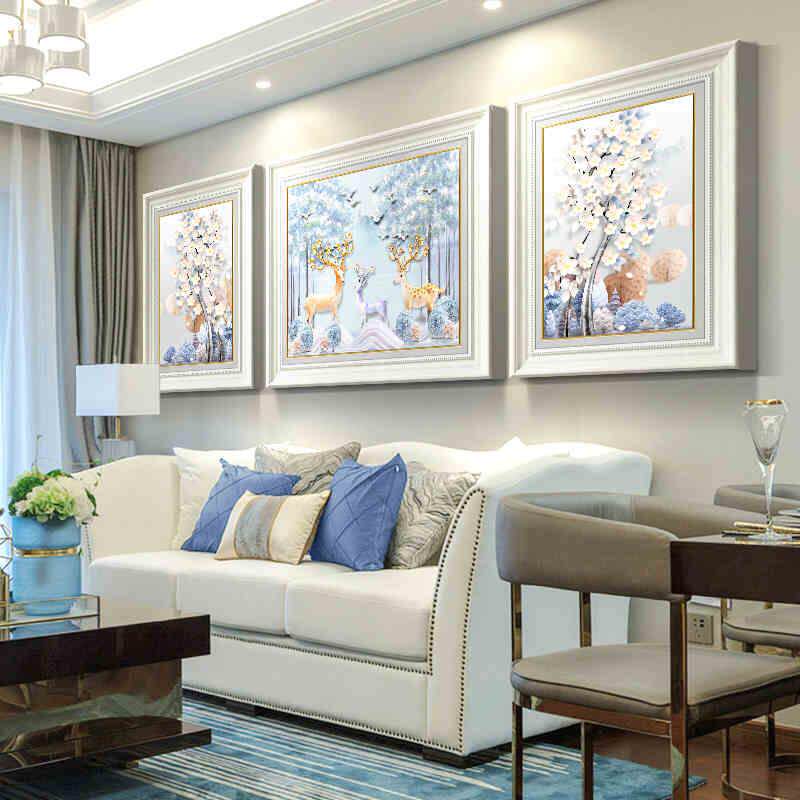 现代简约欧式轻奢沙发背景墙挂画简欧客厅装饰画北欧餐厅壁画三联