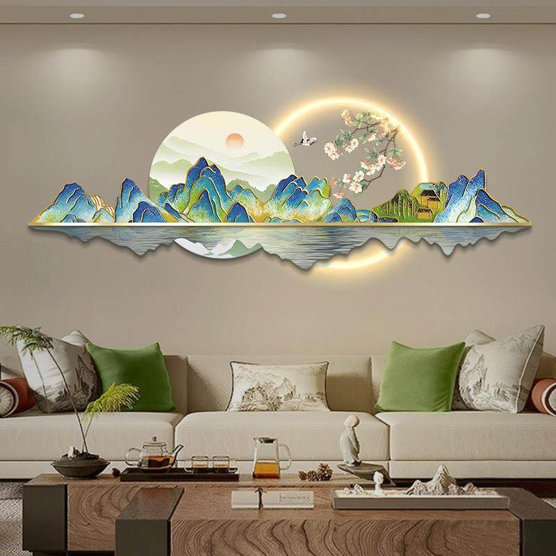 千里江山图客厅挂画新中式沙发背景墙装饰画led发光山水风景壁画