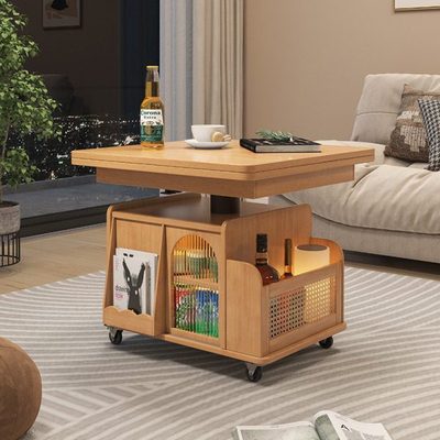 升降茶几可移动边几推车实木巴士边几带轮茶桌多功能折叠餐桌两用