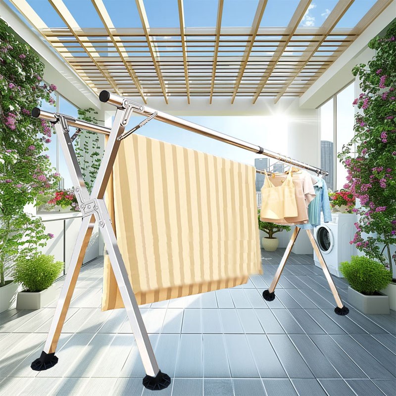 201304不锈钢晾衣架折叠落地户外室内家L用阳台卧室伸缩晾衣杆晒