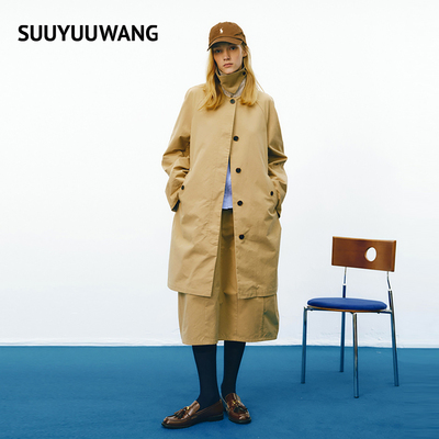 SUUYUUWANG26春新品原创设计翻领格纹拼接单排扣长款休闲风衣