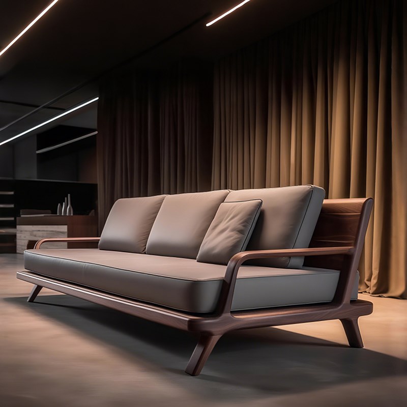 中古风北b美黑胡桃木直排沙发2025新款真皮现代轻奢实木中小户型