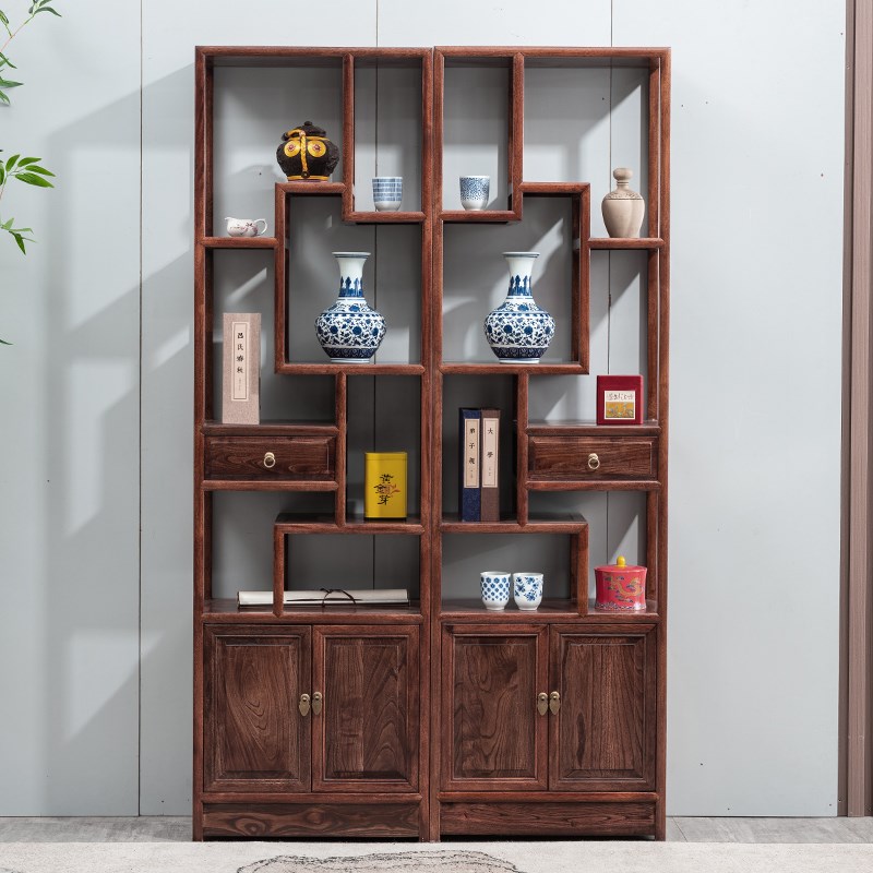 小型博古架实木新中式客厅新中式茶室置物展示架子U屏风隔断多宝