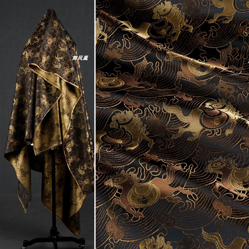【马上有钱】黑h金色织锦缎面料 鎏金老钱风织金丝新中式国风布料