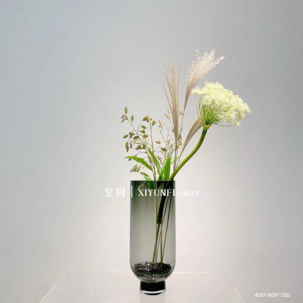 灰色玻璃花瓶简约轻奢马毛花器客厅干花插花装饰样板房软装饰品