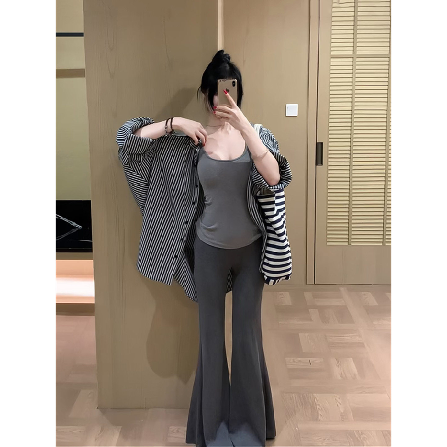 法式撞色polo领条纹防晒长袖衬衫图片