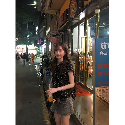 韩系复古娃娃领波点短袖衬衫女夏