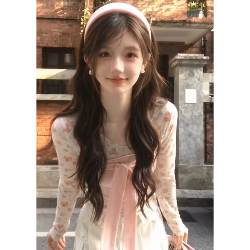 法式甜美温柔真两件碎花圆领长袖t恤女秋季绑带抹胸显瘦打底上衣