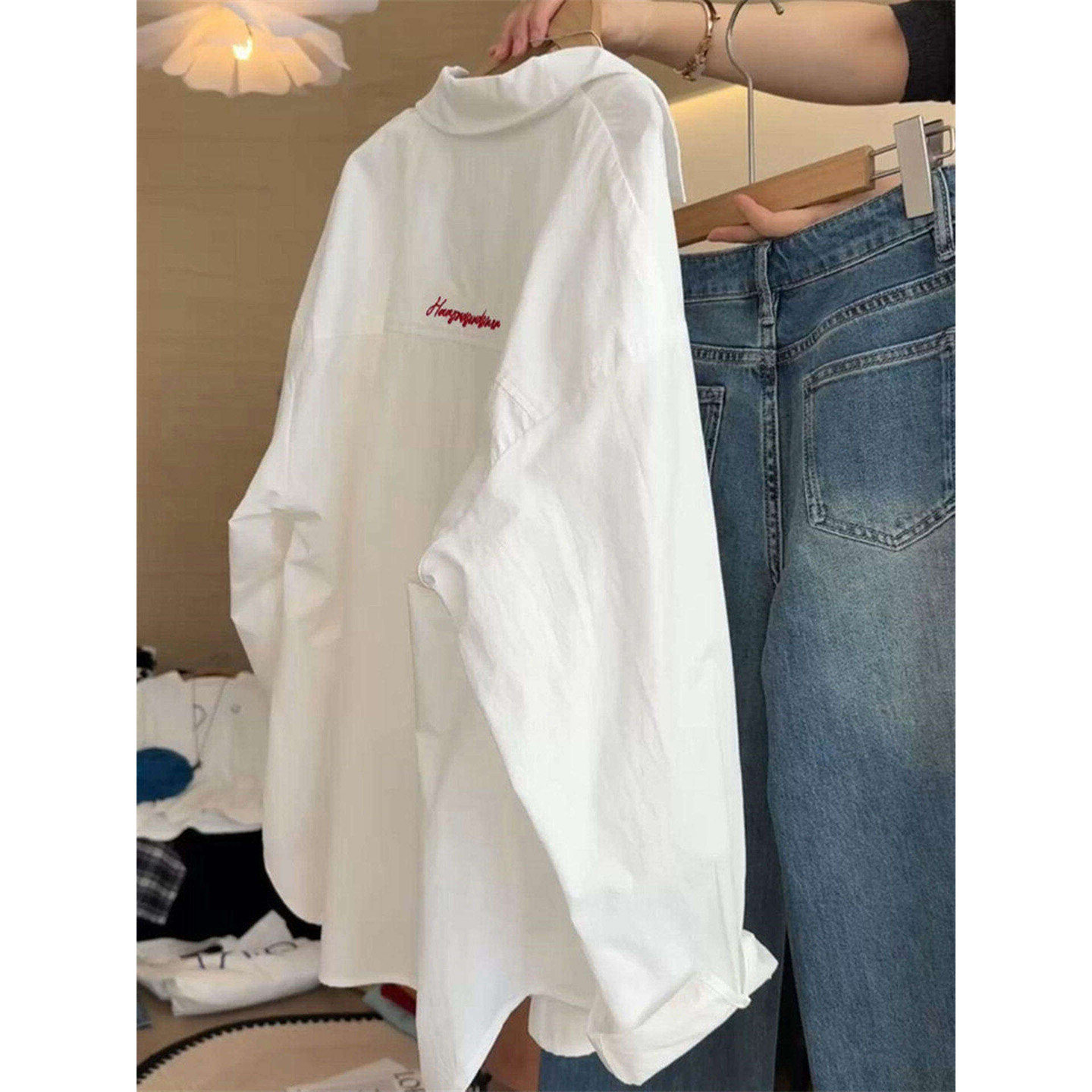 高级感字母刺绣白色纯棉长袖衬衫女春夏宽松百搭休闲防晒衬衣外套