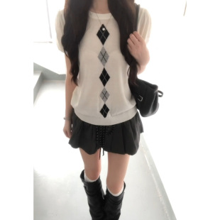 miu系学院风菱格泡泡袖针织衫短袖女夏季薄款宽松显瘦冰丝上衣服