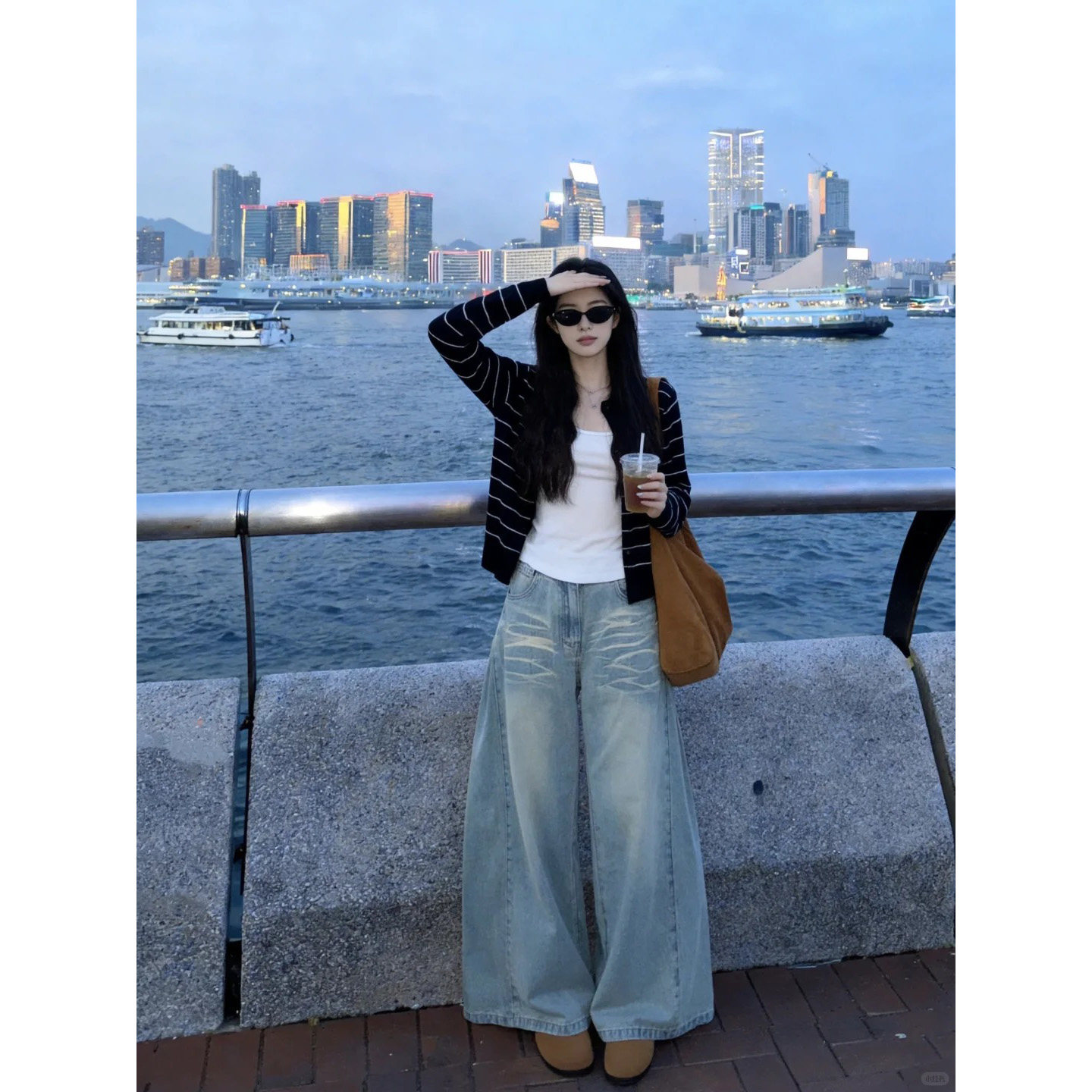 撞色条纹长袖针织开衫女毛衣外套图片