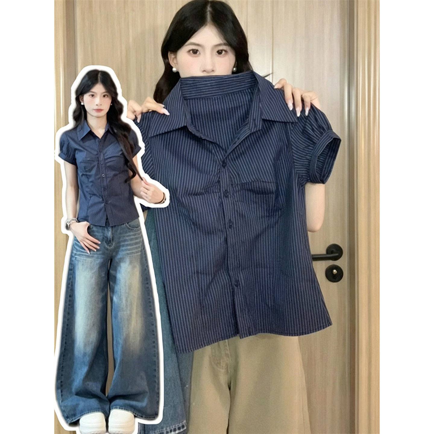 复古藏青色条纹泡泡袖衬衫短袖女图片