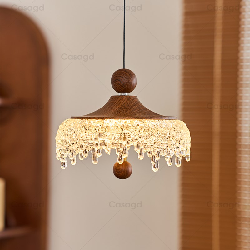 中古升降餐厅吊灯冰山水滴复古胡桃木色过道灯法O式触摸小吊灯cas